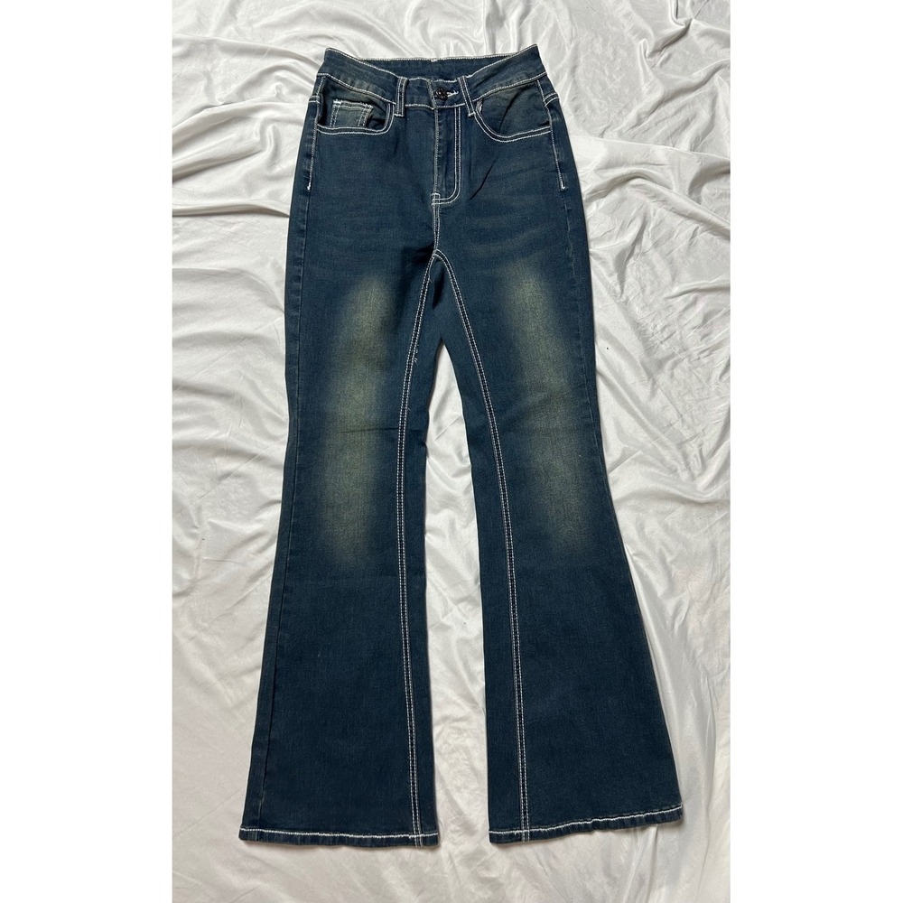 Romwe XS Dark Wash Flare Jeans White Contrast Stitch Embroidered Cross Y2K 25W